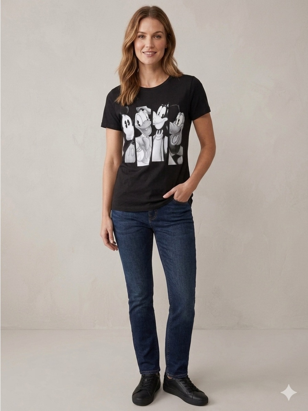 Disney Black Short Sleeve Tee with Monochrome Mickey, Donald, Goofy & Pluto